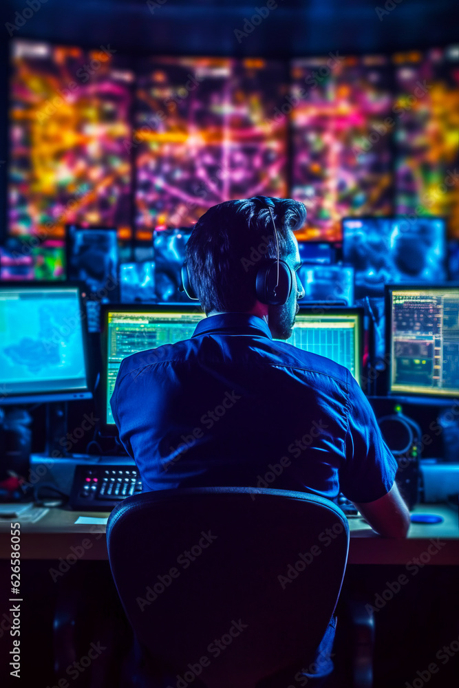 Man sitting at desk in front of bunch of computer monitors.