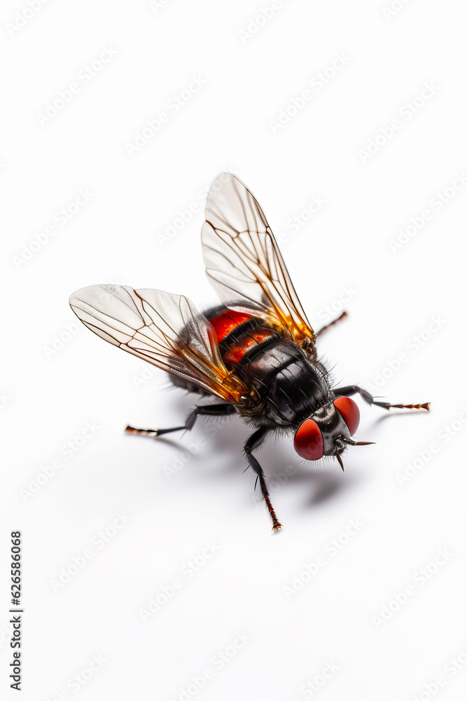 Close up of fly on white surface with white background.