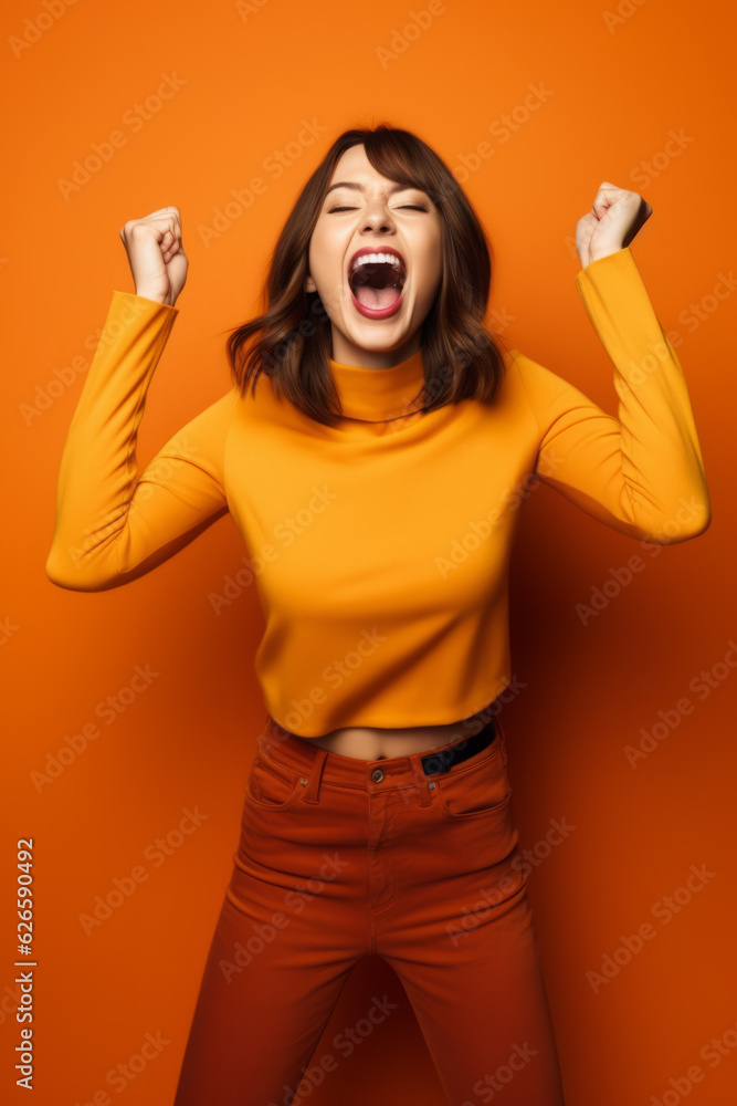 Woman in yellow top is screaming and holding her hands in the air.