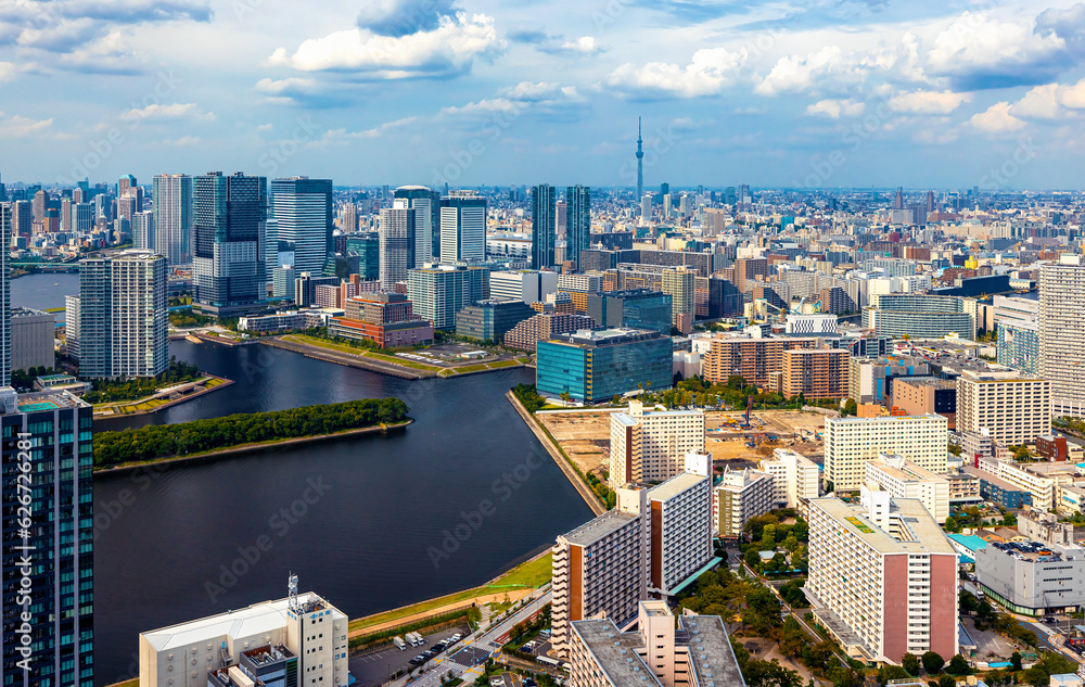 Aerial view of Odaiba Harbor in Minato City, Tokyo, Japan