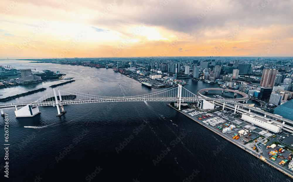 Aerial view of the Rainbow Bridge in Odaiba, Tokyo, Japan