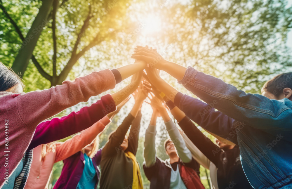 Happy Friends Making High Five in Park - Success, Friendship, International Concept. generative ai