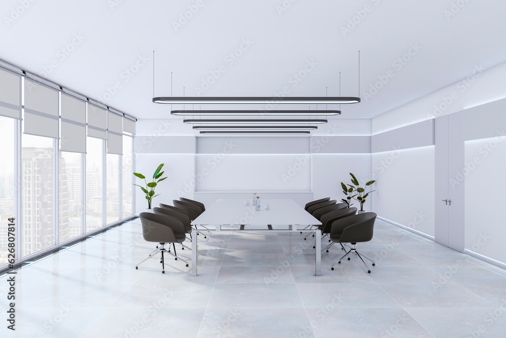 Side view of modern grey meeting room interior with office desk and chairs, panoramic window with ci