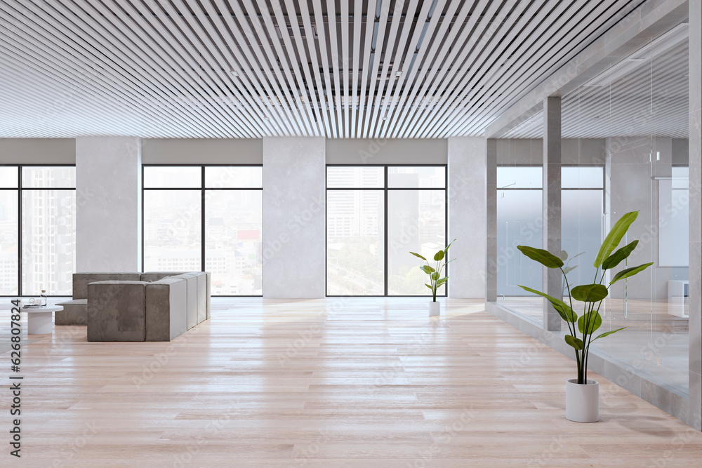 Modern wooden and concrete open space designer office interior with furniture, panoramic windows wit