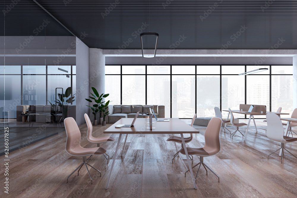 Luxury open space designer office interior with furniture, panoramic windows with city view, wooden 