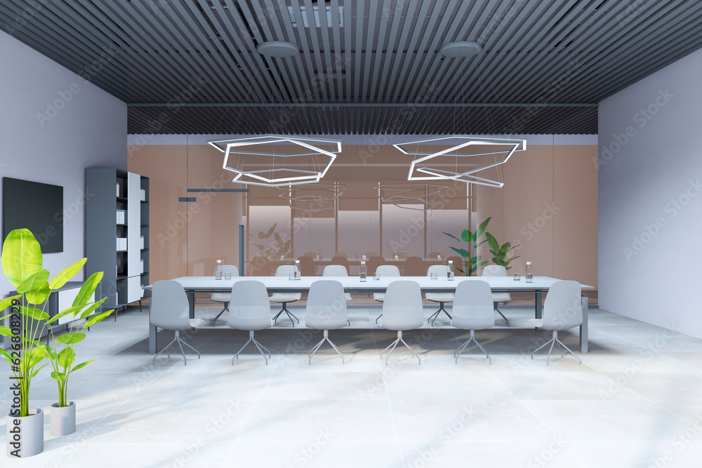 Contemporary loft meeting room interior with furniture, equipment, various other objects and dayligh