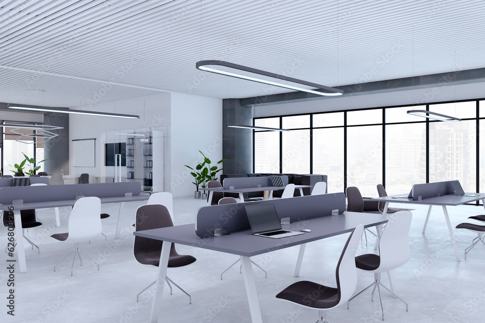 New open space designer office interior with furniture, panoramic windows with city view, concrete f