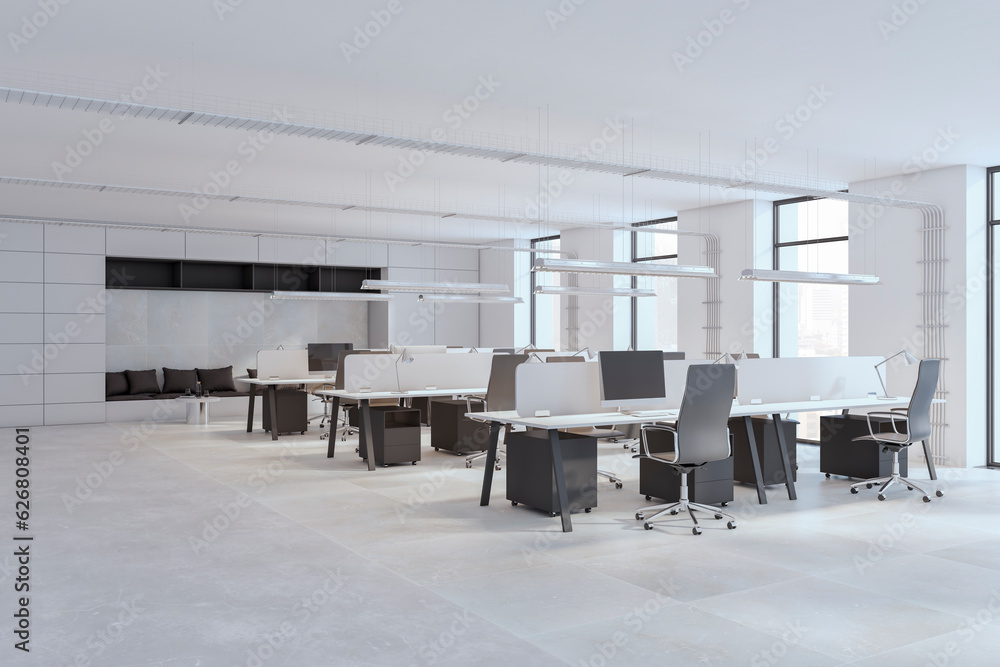 Modern white coworking office interior with window, daylight and furniture. 3D Rendering.