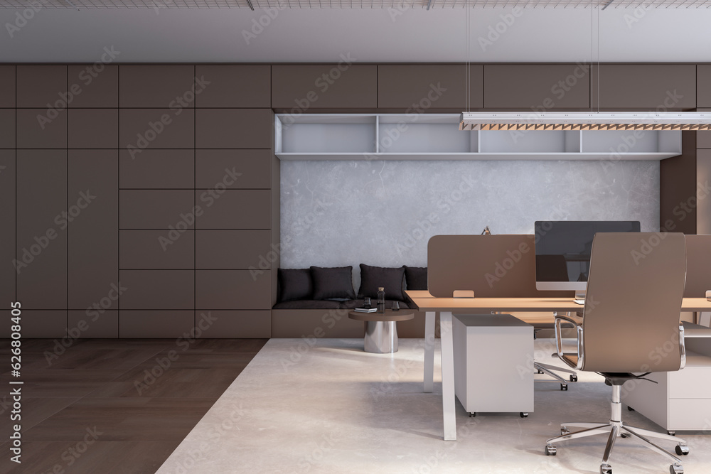 Modern coworking office interior with window, daylight and furniture. 3D Rendering.