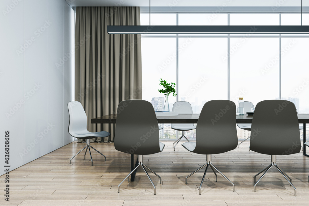 Closeup view of light modern meeting room with panoramic city view window on background, large offic