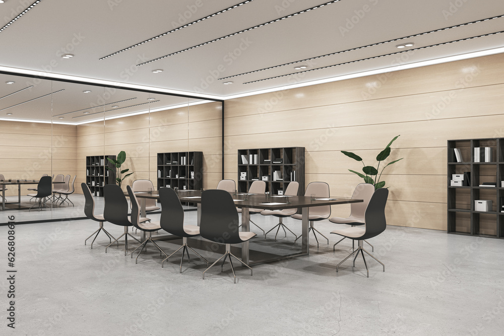 Perspective view of modern negotiant office room with big working desk and chairs, wooden wall and c