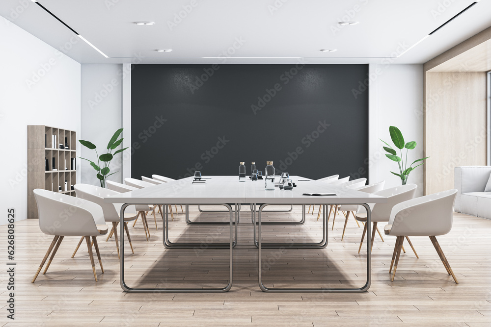 Side view of modern empty conference room with white office desk and chairs, black wall, wooden floo