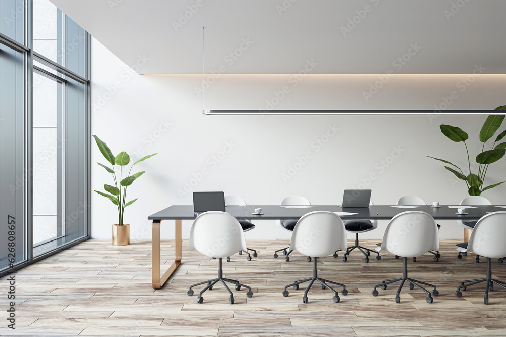 Side view of empty modern conference room with office table and chairs, panoramic window, wooden flo