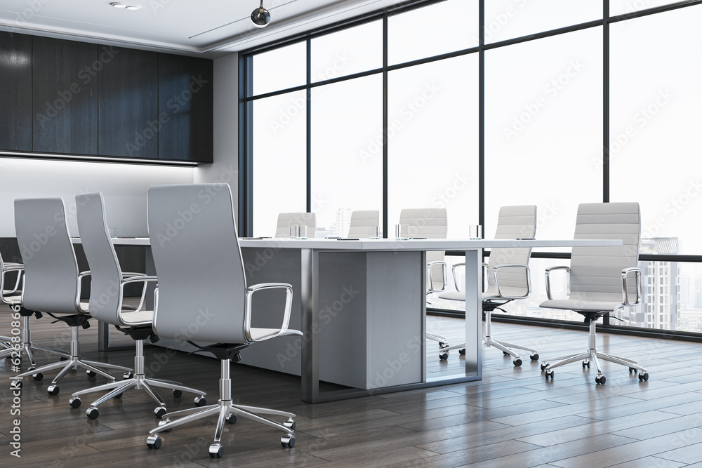 Modern empty meeting room interior with white office table and chairs, window and wooden floor. 3D R