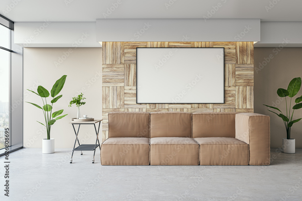 Front view of relaxing area with sofa and blank white poster in luxury modern office interior, mocku