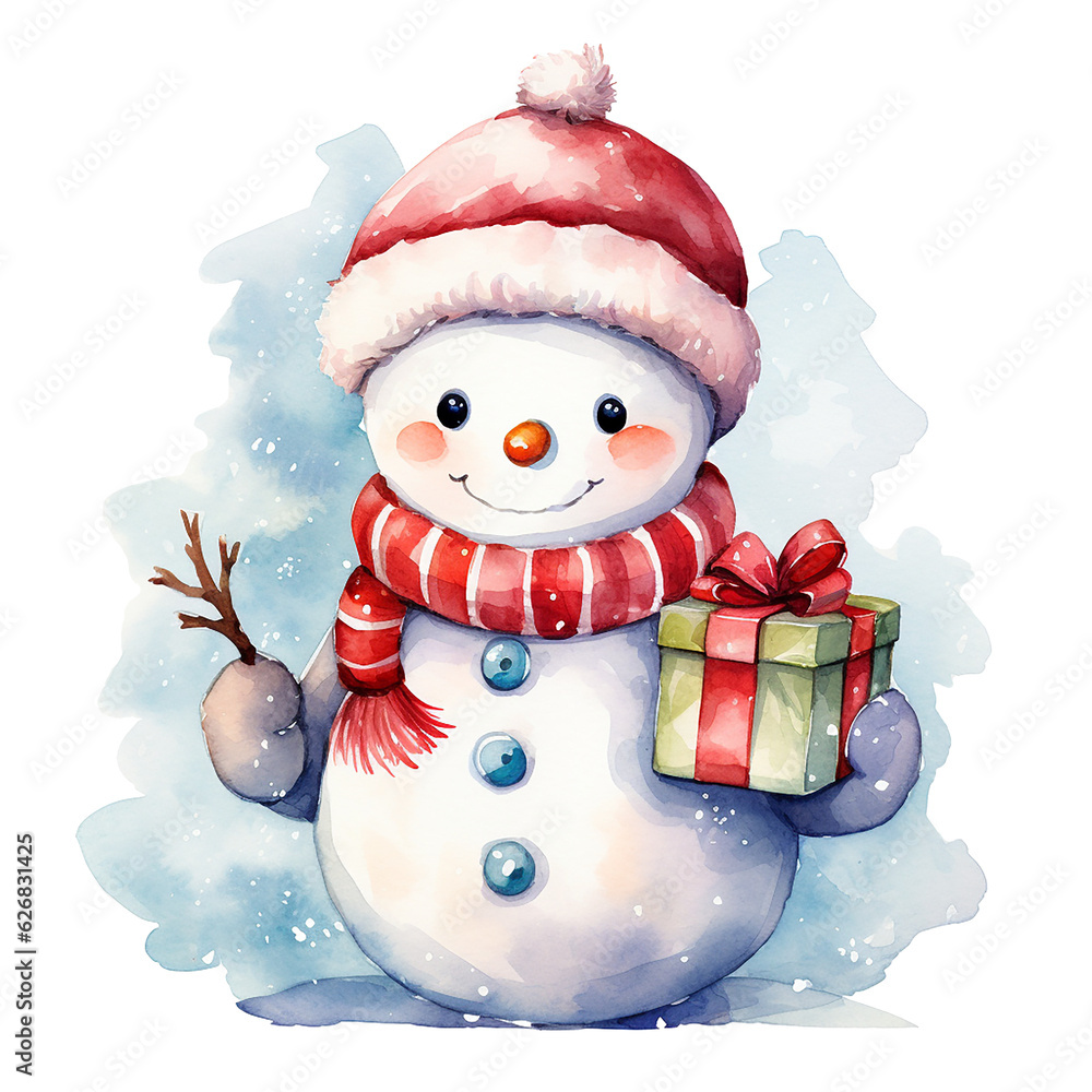 Watercolor drawing of a cute snowman in a red hat with a Christmas gift. Christmas theme, new year. 