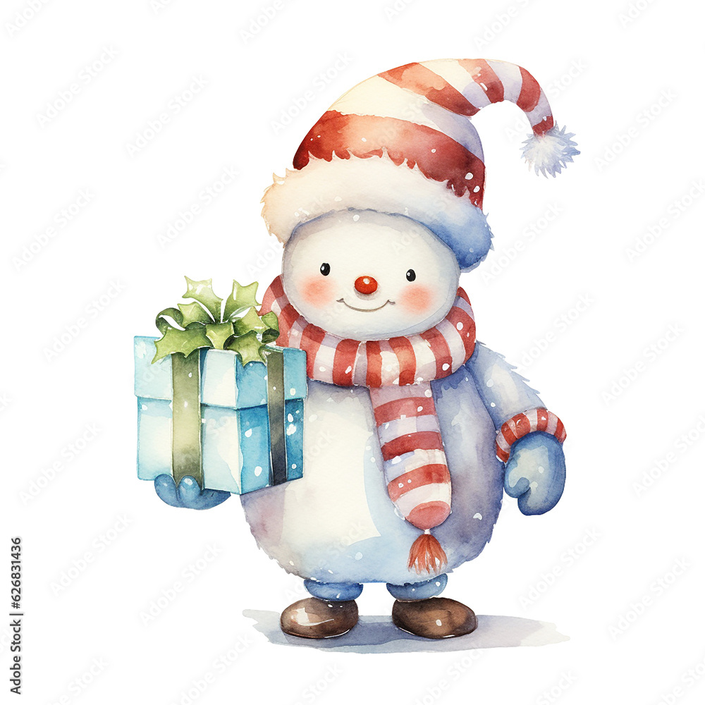 Watercolor drawing of a cute snowman in a red hat with a Christmas gift. Christmas theme, new year. 