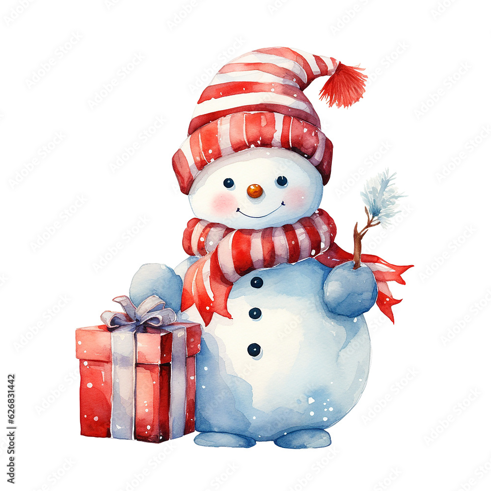 Watercolor drawing of a cute snowman in a red hat with a Christmas gift. Christmas theme, new year. 