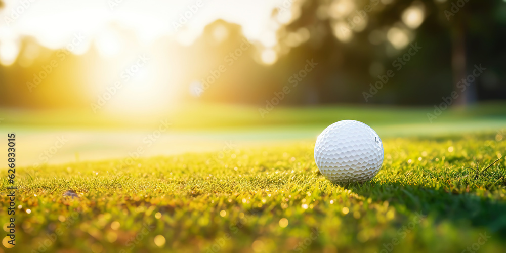 Close-up of golf ball on green grass of golf course, sunny day, blurred backdrop. Generative AI