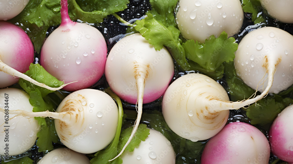 Fresh turnips with water drops background. Vegetables backdrop. Generative AI