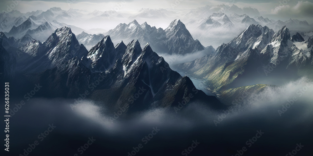 Dramatic snow-capped mountains landscape. Clouds and fog covers stone slopes. Generative AI