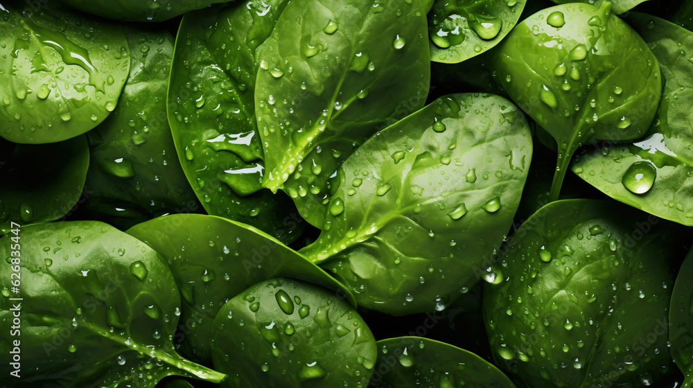 Fresh green spinach leaves with water drops background. Vegetables backdrop. Generative AI