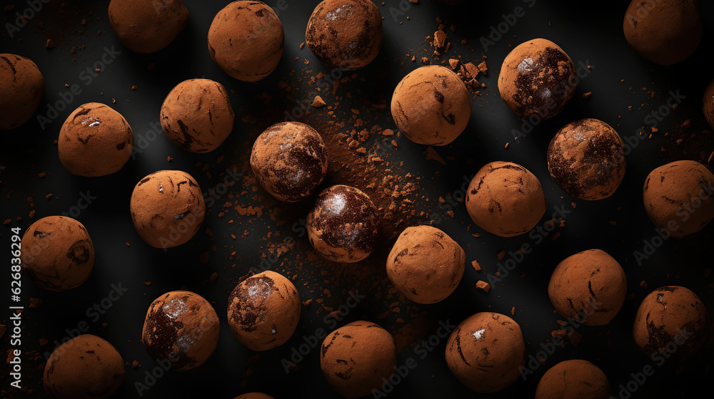 Chocolate truffles background, top view. Sweet cocoa candy. Generative AI