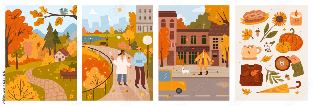 Autumn mood cute illustrations set. Fall season nature flat vector, people enjoying cozy pastime, wa