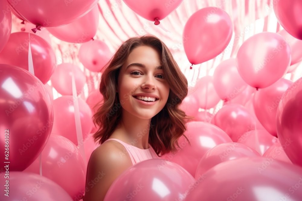 Girl in pink dress with pink balloons