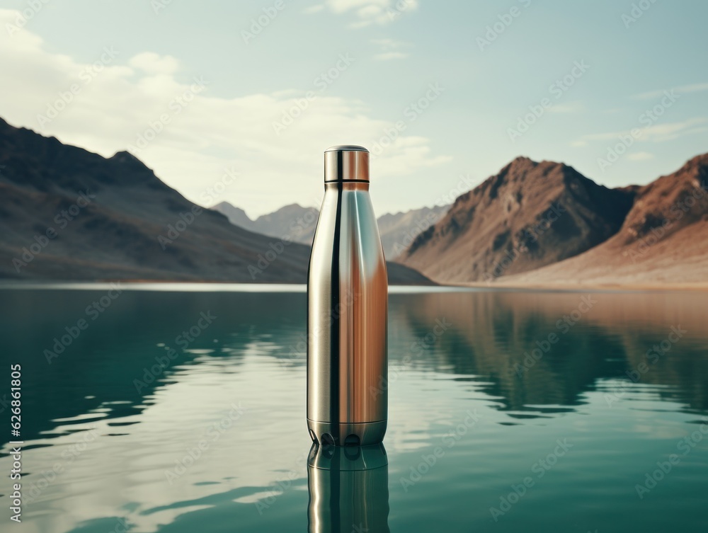 Aluminum bottle holding up against a lake