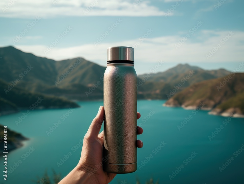 Aluminum bottle holding up against a lake