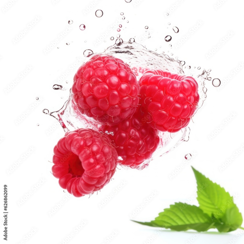 Falling raspberry with water drops