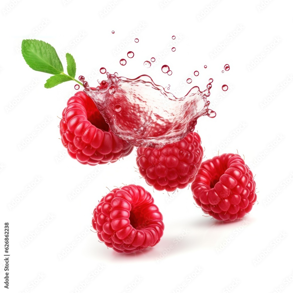 Falling raspberry with water drops