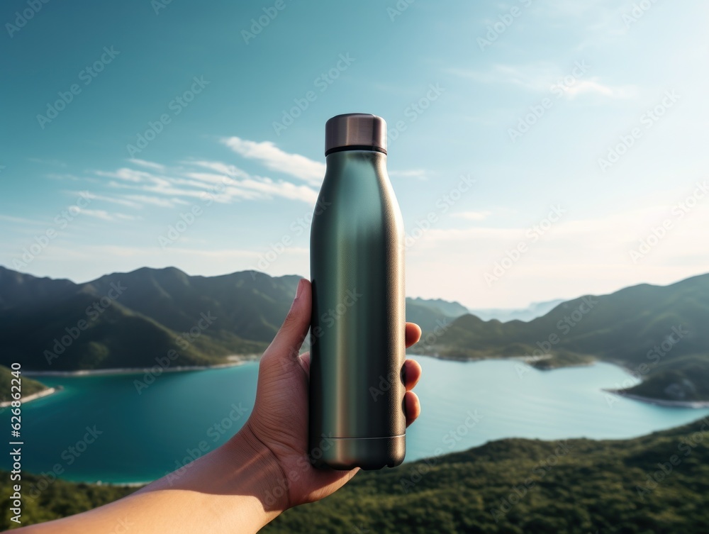 Aluminum bottle holding up against a lake