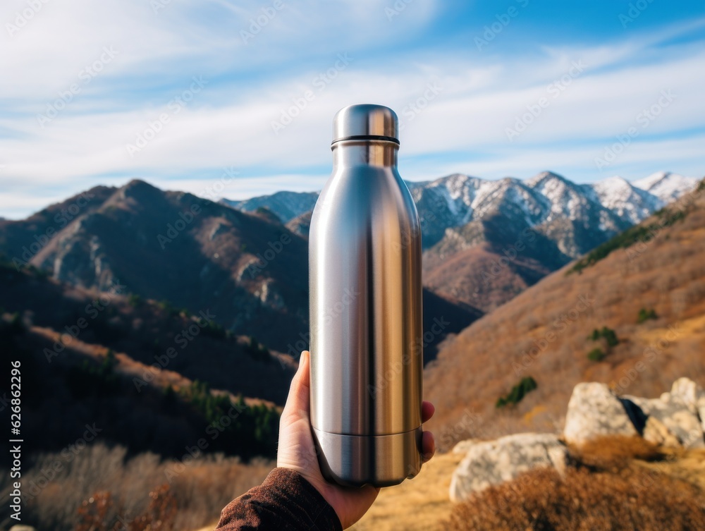 Aluminum bottle holding up against a lake