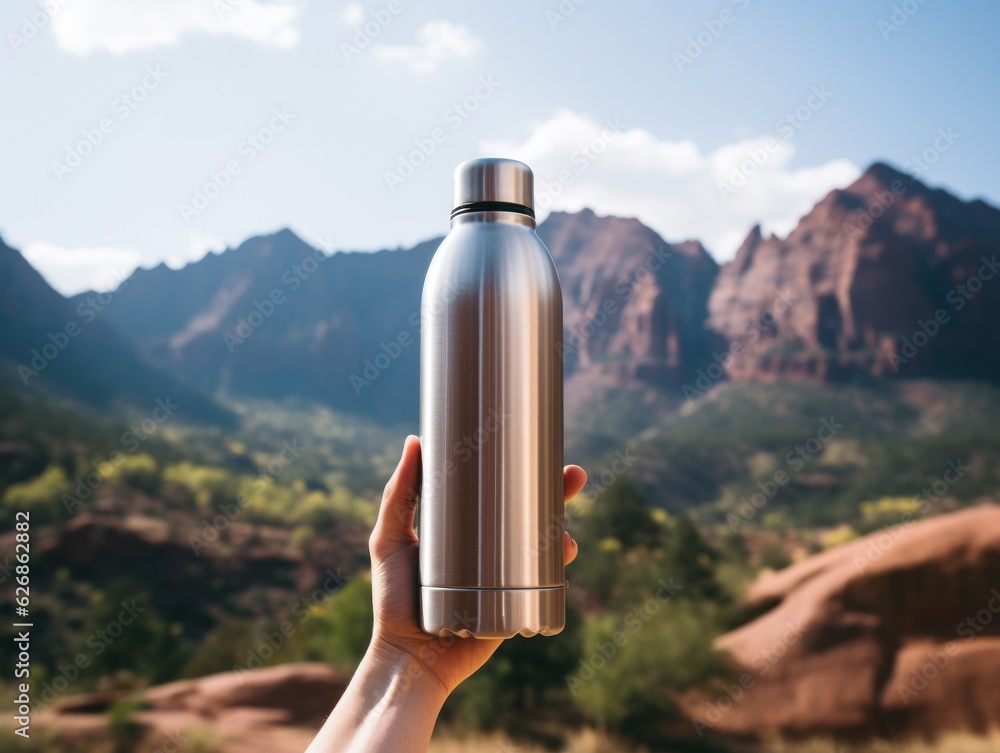 Aluminum bottle holding up against a lake