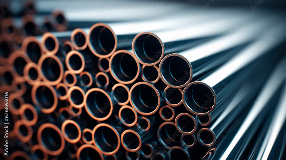 a stack of steel pipes in a warehouse or factory close up with a blurry background