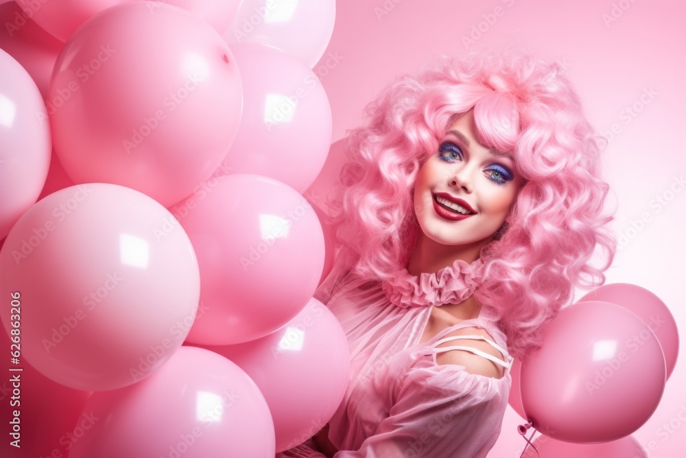 Girl in pink dress with pink balloons