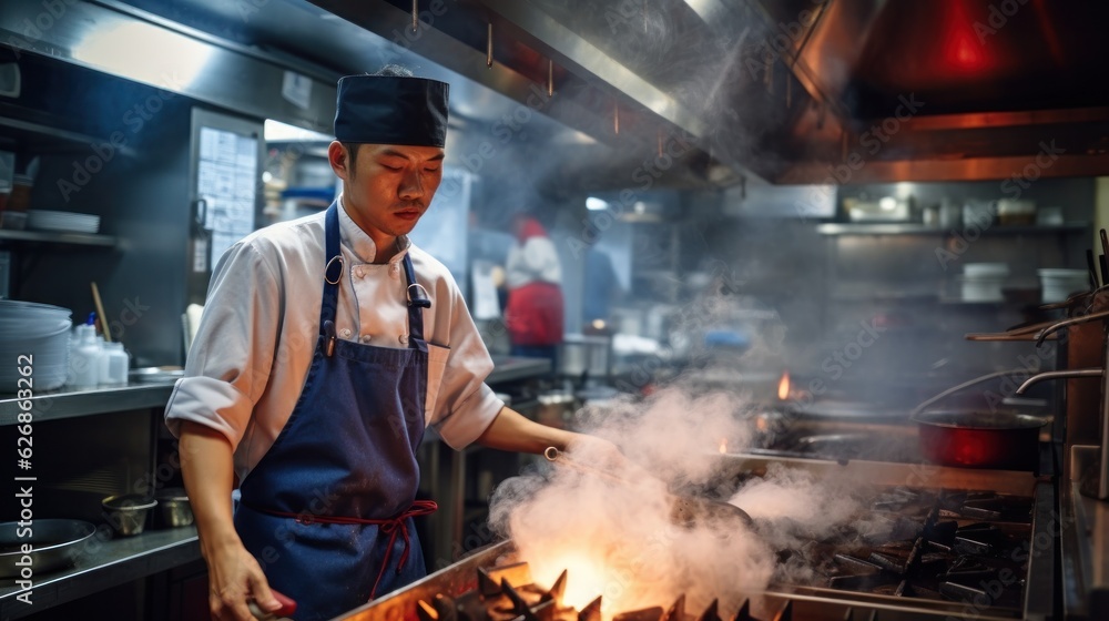 Asian chef cooking in restaurant