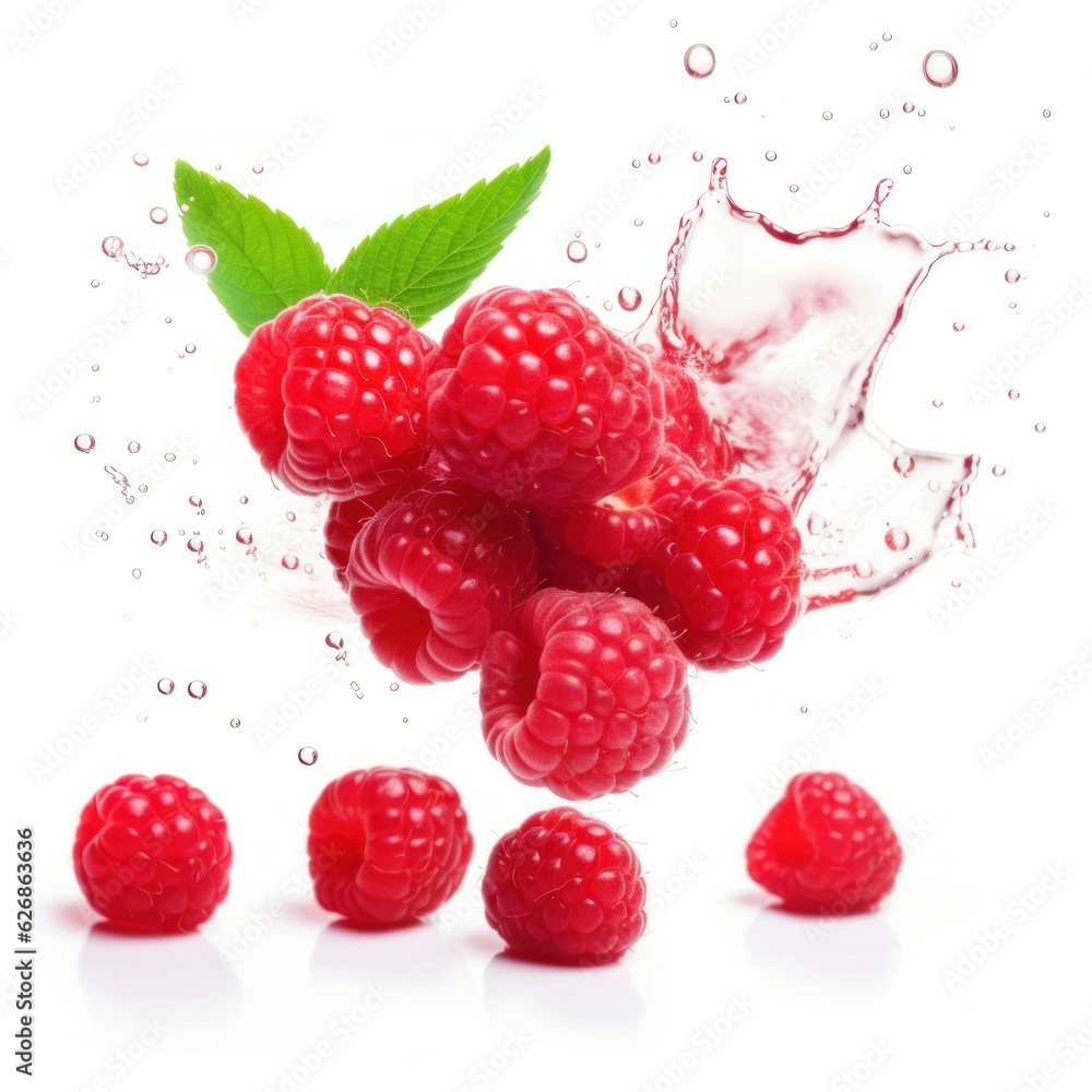 Falling raspberry with water drops