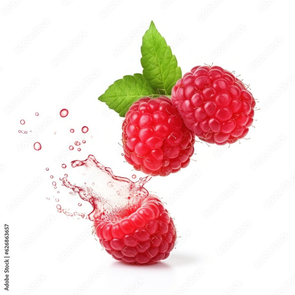 Falling raspberry with water drops