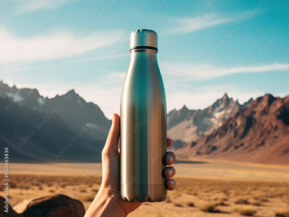 Aluminum bottle holding up against a lake