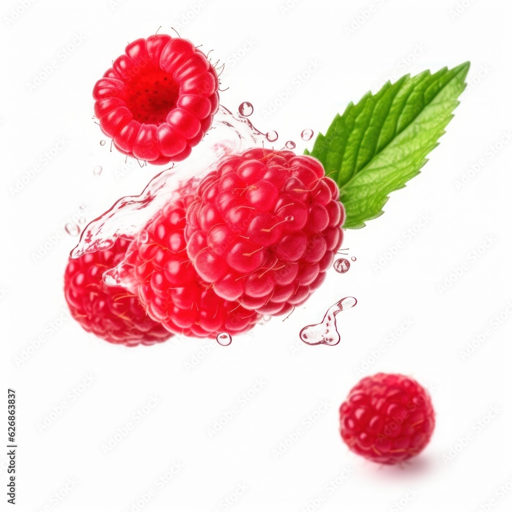 Falling raspberry with water drops