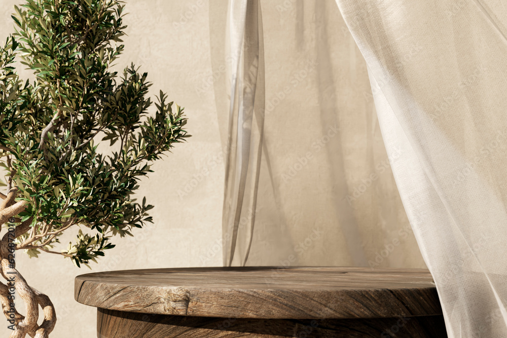 Natural wooden table and organic cloth with olive tree plant. Product placement mockup design backgr