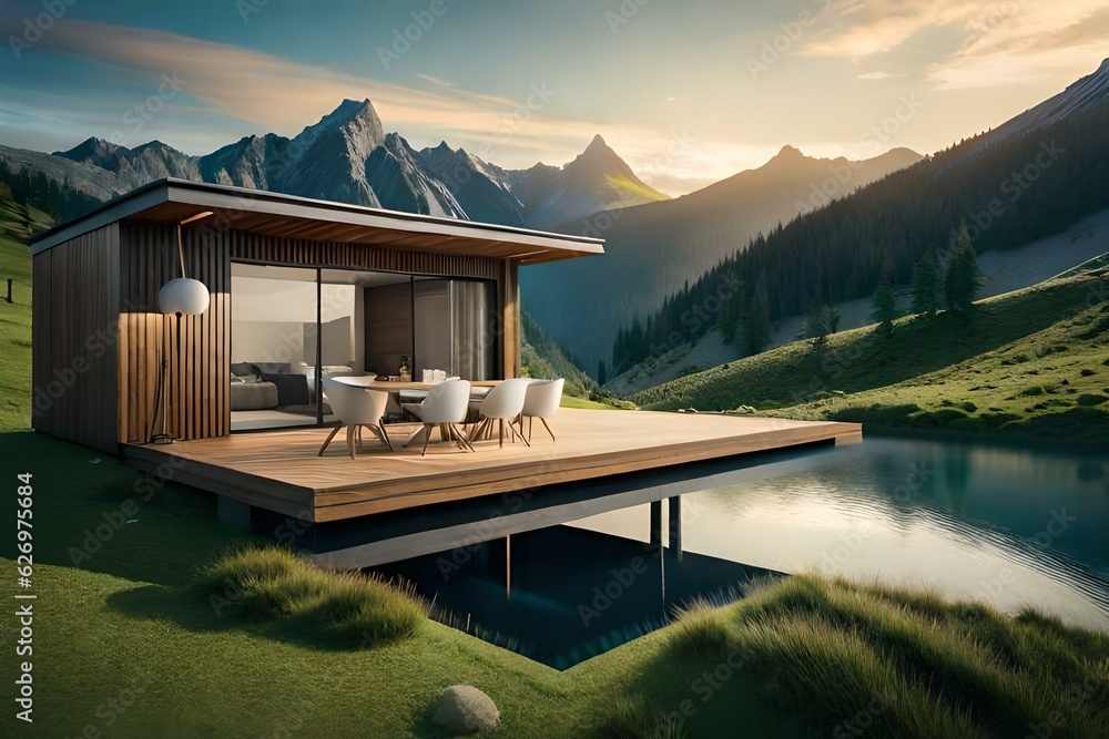 A wooden summer house with a green roof and a beautiful view of the mountain with mountain hut in th