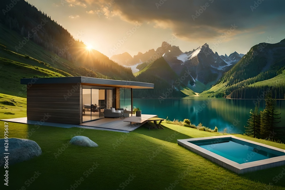 A wooden summer house with a green roof and a beautiful view of the mountain.