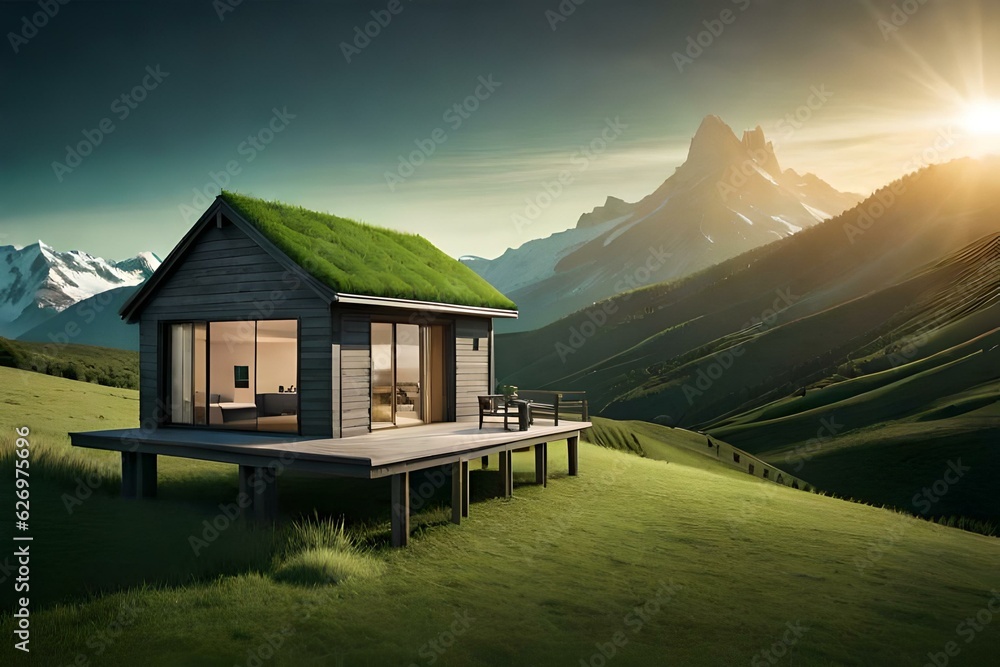 A wooden summer house with a green roof and a beautiful view of the mountain.