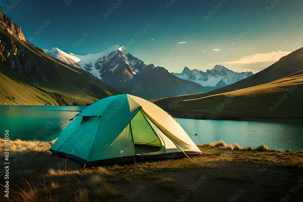 camping in the mountains having picnic .