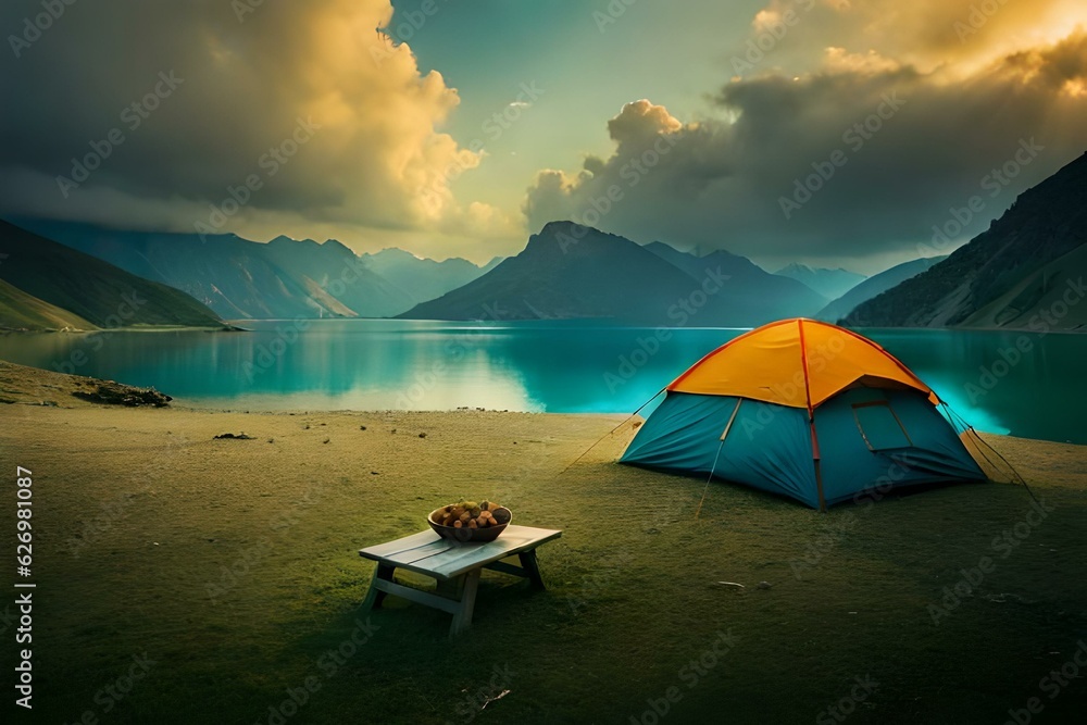 Tent for a picnic on the beautiful blue lake .