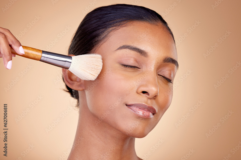 Beauty, makeup and relax with woman and brush in studio for facial, foundation and self care. Cosmet